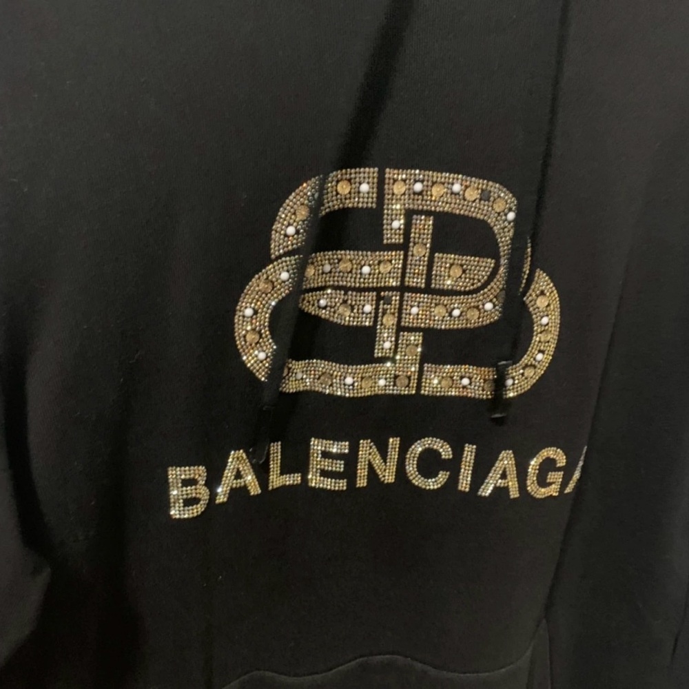Balenciaga Black Hoodie with Gold Crystal Emblem